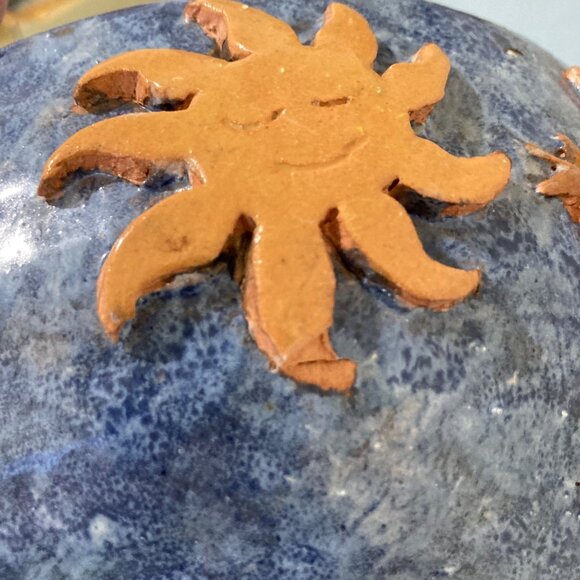 Whimsical Naive Blue Pottery Bowl Faces Mouse Rabbit Tree Balloons Sun And Moon - Picture 10 of 10